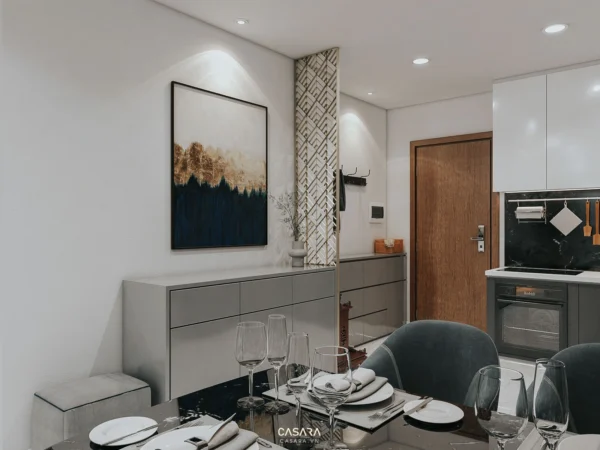 Phòng ăn hiện đại, tối giản với tranh trừu tượng và nội thất tinh tế.