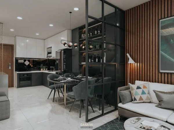 Phòng bếp - phòng khách hiện đại, sang trọng với thiết kế tối giản.