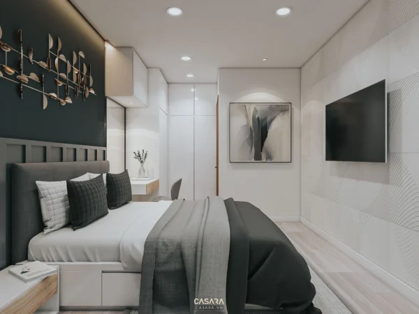 Phòng ngủ hiện đại, tối giản với gam màu trung tính sang trọng.