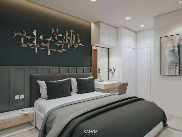 Phòng ngủ hiện đại, tối giản với tông màu đen, trắng chủ đạo.