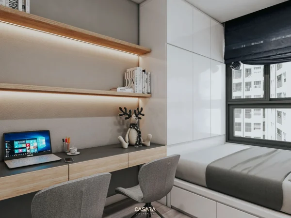 Phòng ngủ nhỏ gọn, hiện đại với bàn làm việc và kệ trang trí.