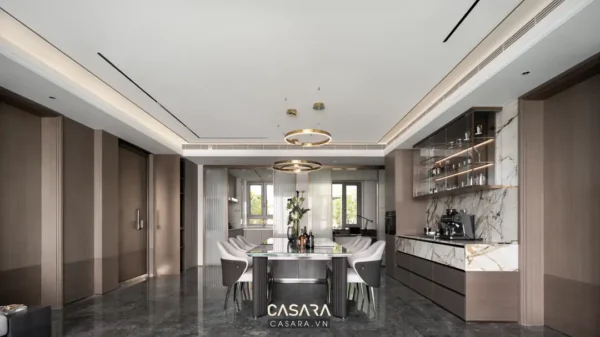 Phòng ăn hiện đại, sang trọng với thiết kế tối giản, ánh sáng ấm áp.