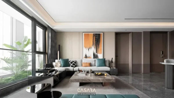 Phòng khách hiện đại, sang trọng với nội thất tinh tế, ánh sáng tự nhiên.