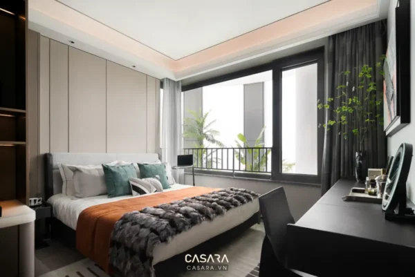 Phòng ngủ hiện đại, sang trọng với tông màu trung tính ấm áp.