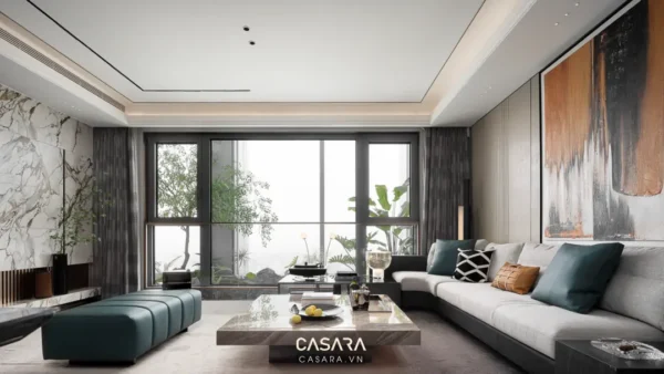 Phòng khách hiện đại, sang trọng với tông màu trung tính và cửa kính lớn.