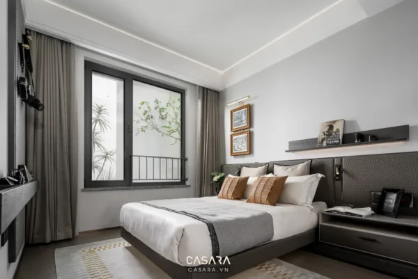 Phòng ngủ hiện đại tối giản, ấm cúng với tông màu trung tính.