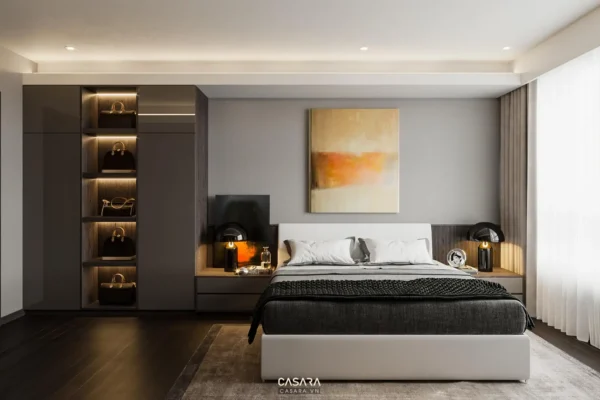 Phòng ngủ hiện đại, sang trọng với tông màu xám chủ đạo và ánh sáng ấm áp.