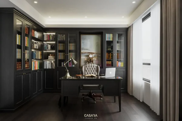 Phòng làm việc sang trọng với tủ sách và nội thất đen tối.
