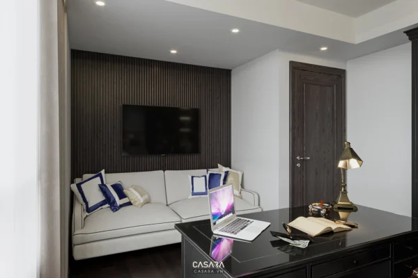 Phòng khách hiện đại, sang trọng với nội thất tối giản, tinh tế.