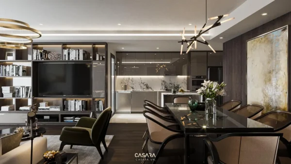 Phòng khách bếp hiện đại, sang trọng với tông màu trung tính ấm áp.