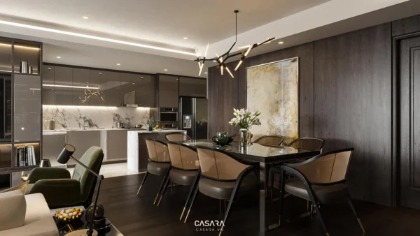 Phòng bếp-ăn hiện đại, sang trọng với ánh sáng ấm áp.