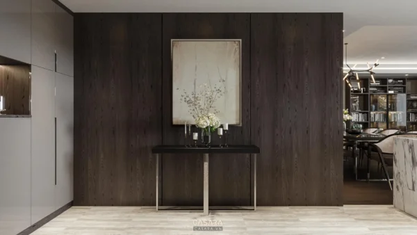 Nội thất phòng khách sang trọng, tối giản với tranh treo tường độc đáo.