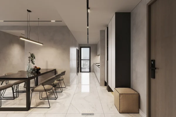 Phòng ăn tối giản, hiện đại với tông màu trung tính ấm cúng.