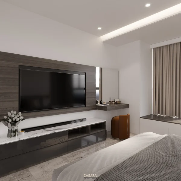 Phòng ngủ hiện đại, sang trọng với TV lớn và nội thất tối giản.