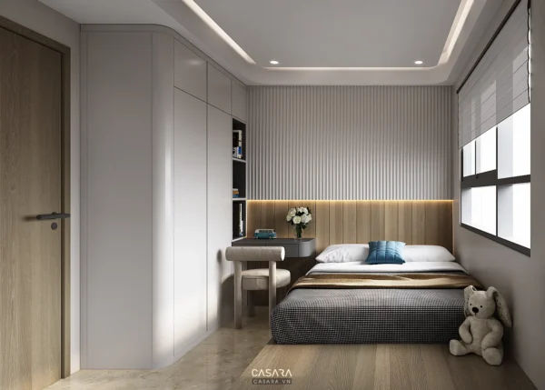 Phòng ngủ hiện đại, tối giản với tủ âm tường và bàn làm việc gọn gàng.