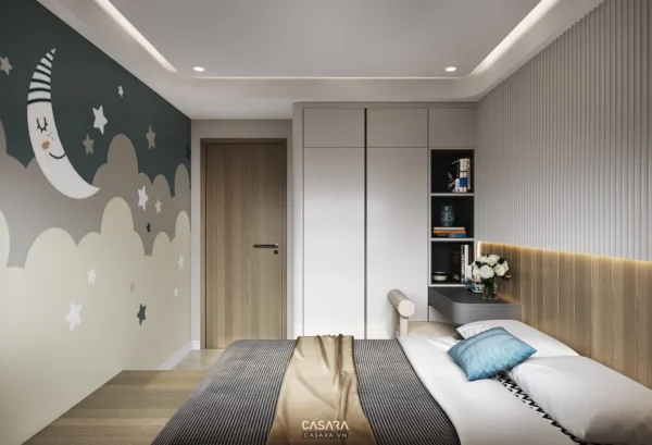 Phòng ngủ trẻ em thiết kế hiện đại, ấm áp với chủ đề bầu trời đêm.