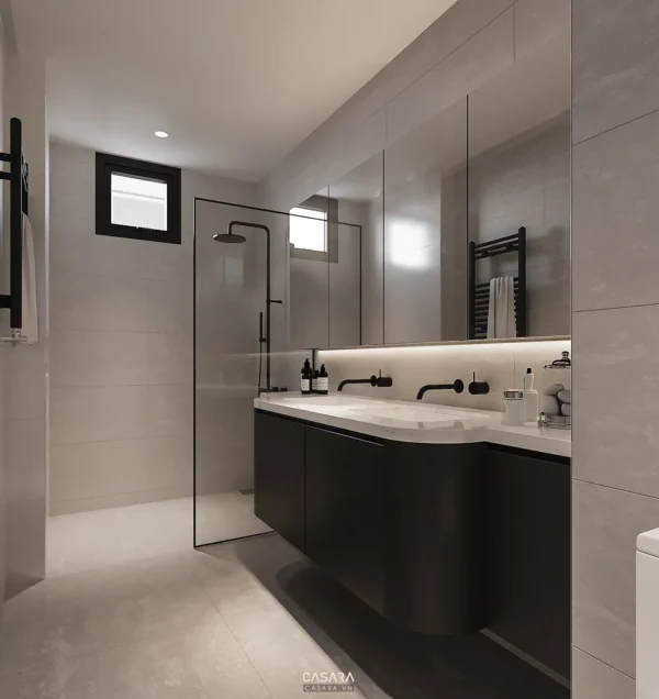 Phòng tắm hiện đại, tối giản với tông màu trung tính sang trọng.