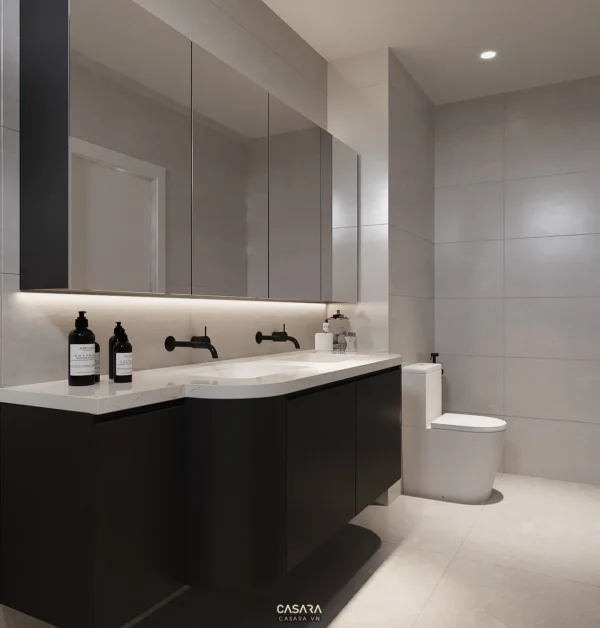 Phòng tắm hiện đại, sang trọng với gương lớn và nội thất tối màu.