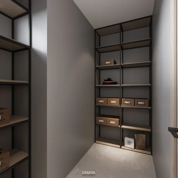 Tủ quần áo âm tường hiện đại, tối giản với nhiều ngăn chứa đồ.