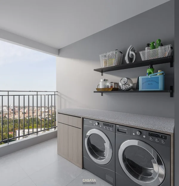 Phòng giặt hiện đại, gọn gàng với máy giặt và kệ đồ tiện lợi.
