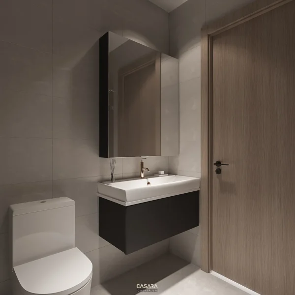 Phòng tắm hiện đại, tối giản với tông màu trung tính ấm áp.