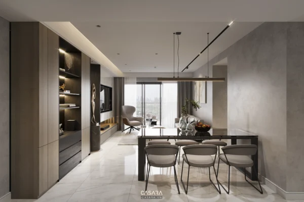 Phòng khách tối giản, hiện đại với nội thất gỗ và tông màu trung tính.