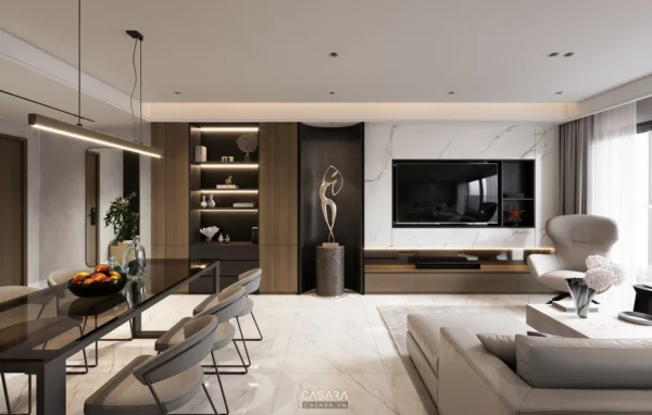 Phòng khách hiện đại, sang trọng với thiết kế tối giản, tinh tế.