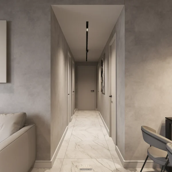 Hành lang dài, tông màu trung tính, thiết kế tối giản hiện đại.