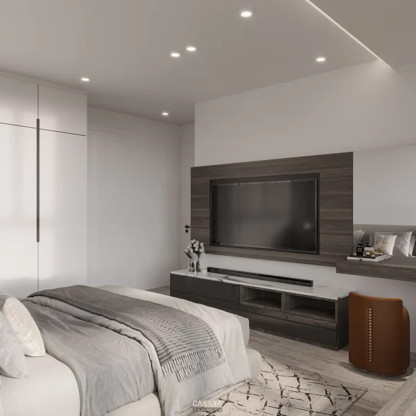 Phòng ngủ hiện đại, tối giản với tông màu trung tính ấm cúng.