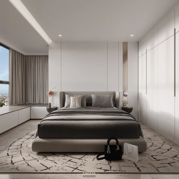 Phòng ngủ hiện đại, tối giản với tông màu trắng chủ đạo, sang trọng.