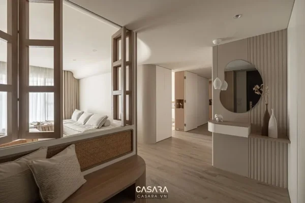 Phòng ngủ hiện đại, tối giản với tông màu trung tính ấm áp.