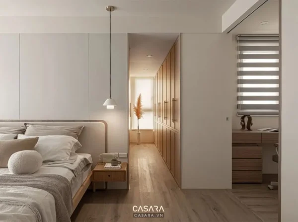 Phòng ngủ tối giản, ấm cúng với tông màu trung tính, ánh sáng dịu nhẹ.