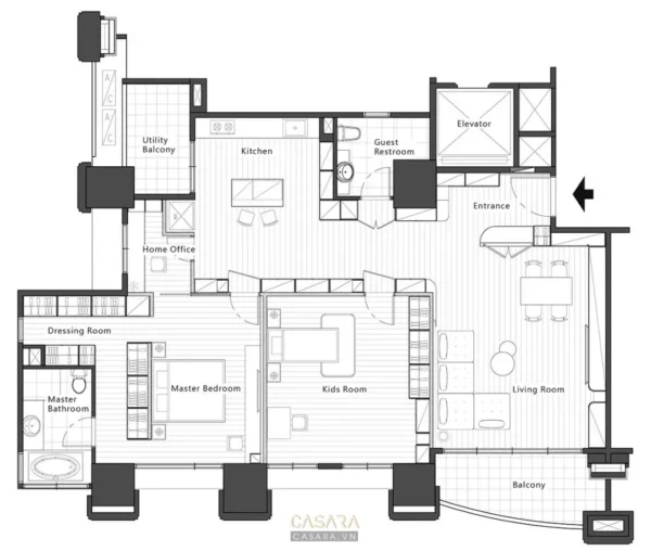 Sơ đồ mặt bằng căn hộ với các phòng chức năng rõ ràng.