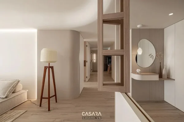 Phòng khách hiện đại, tối giản với tông màu trung tính ấm áp.