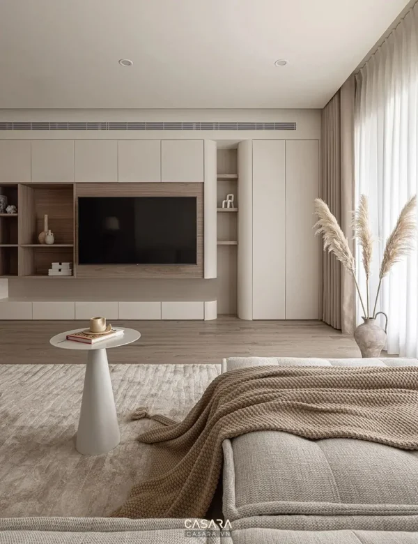Phòng khách hiện đại, tối giản với tông màu trung tính ấm áp.