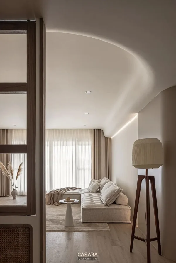 Phòng khách hiện đại, tối giản với tông màu trung tính ấm áp.