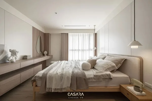 Phòng ngủ tối giản, ấm cúng với tông màu trung tính hiện đại.
