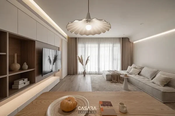 Phòng khách hiện đại, tối giản với tông màu trung tính ấm áp.