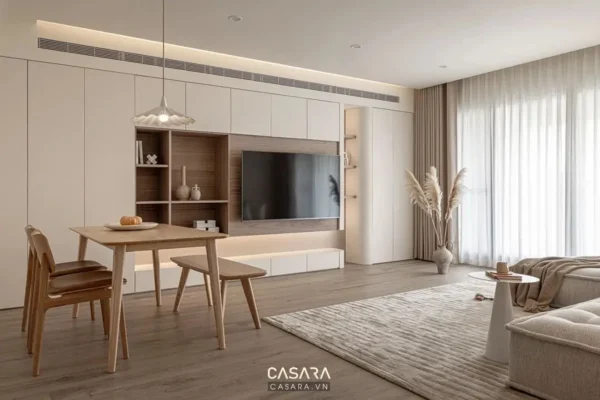 Phòng khách hiện đại, tối giản với nội thất màu trung tính ấm cúng.
