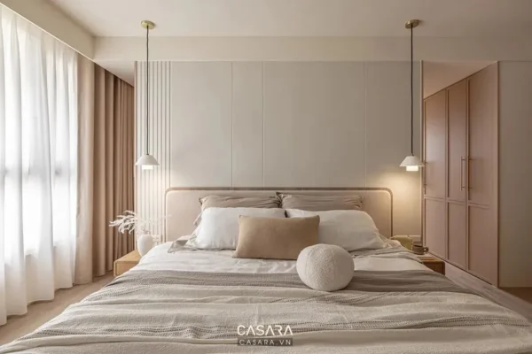 Phòng ngủ tối giản, ấm cúng với tông màu trung tính hiện đại.