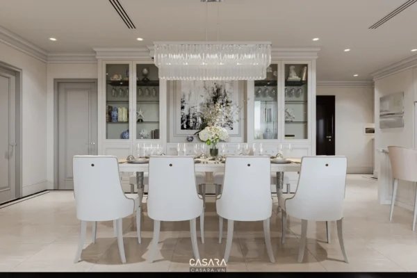 Phòng ăn sang trọng, hiện đại với thiết kế tinh tế, ánh sáng dịu nhẹ.