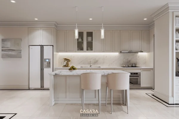 Phòng bếp hiện đại, sang trọng với tông màu trắng chủ đạo.