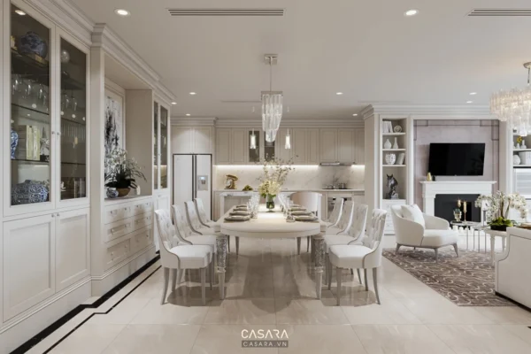 Phòng bếp - phòng ăn hiện đại, sang trọng với tông màu trắng chủ đạo.