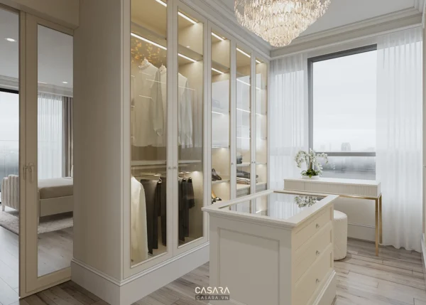 Phòng thay đồ sang trọng, hiện đại với tủ âm tường và ánh sáng ấm áp.