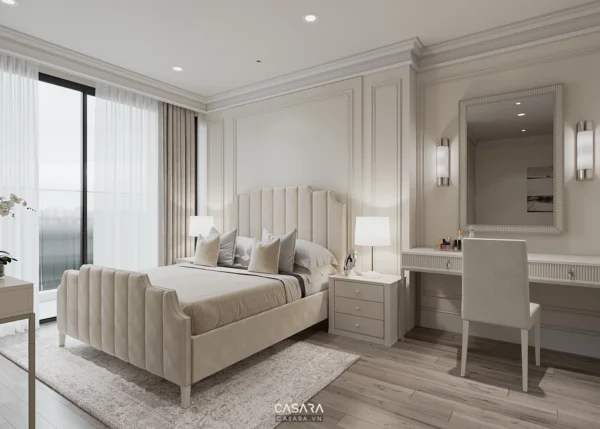Phòng ngủ sang trọng, hiện đại với tone màu trắng chủ đạo tinh tế.