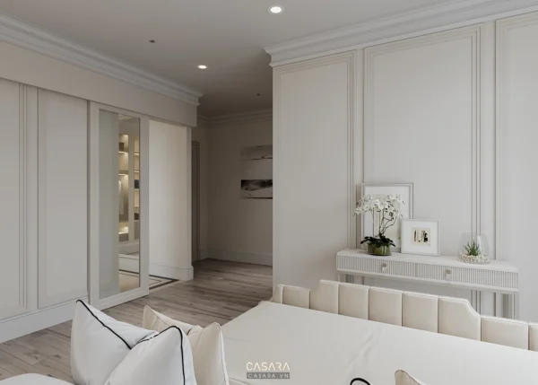 Phòng khách hiện đại, sang trọng với tông màu trắng chủ đạo.