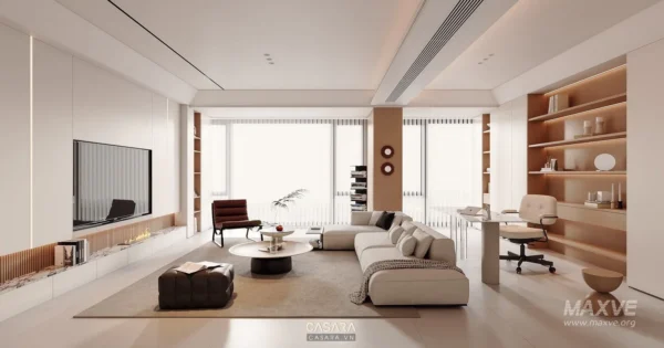 Phòng khách hiện đại, tối giản với tông màu trung tính ấm áp.