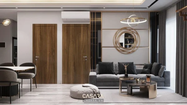 Phòng khách hiện đại, sang trọng với nội thất tông màu trung tính.