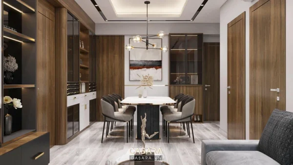 Phòng ăn hiện đại, sang trọng với nội thất gỗ và ánh sáng ấm áp.