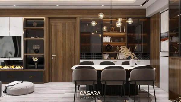 Phòng ăn hiện đại, sang trọng với nội thất gỗ và ánh sáng ấm áp.